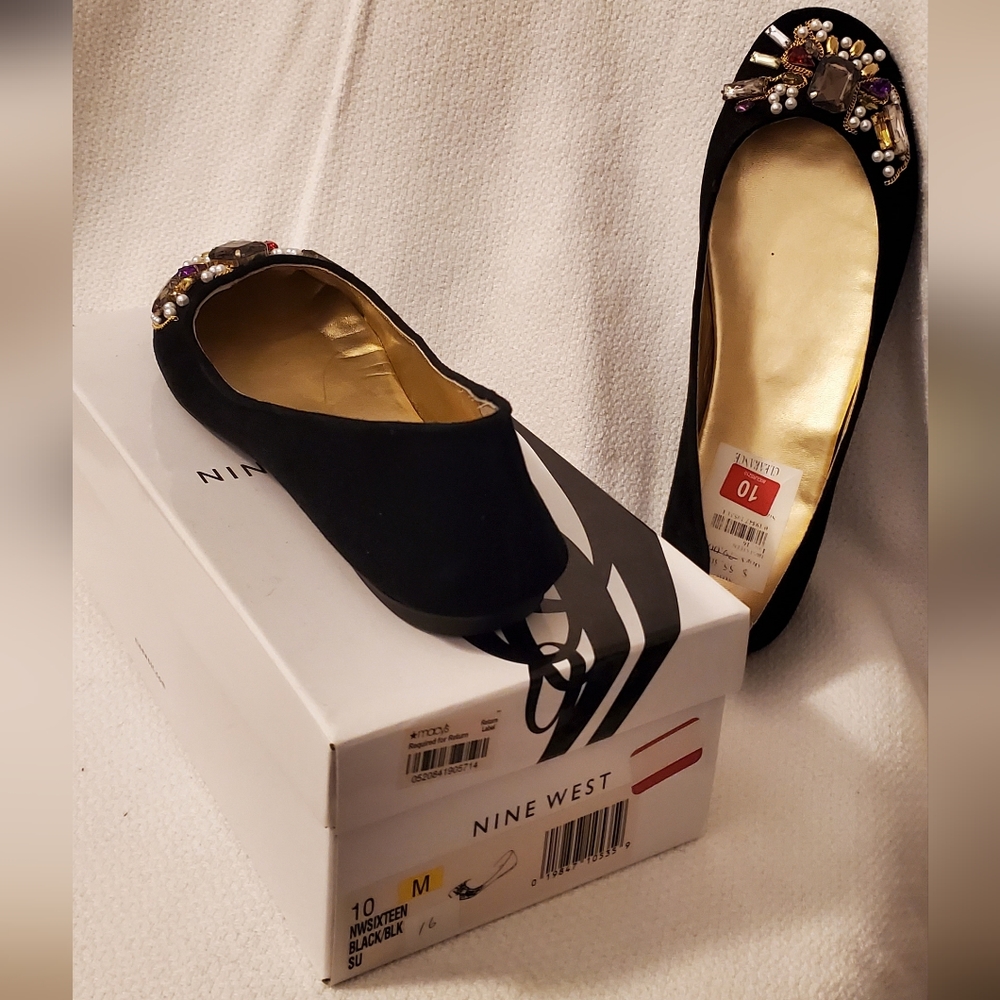Nine West Jeweled Ballet Flats Black loafers shoes 10
